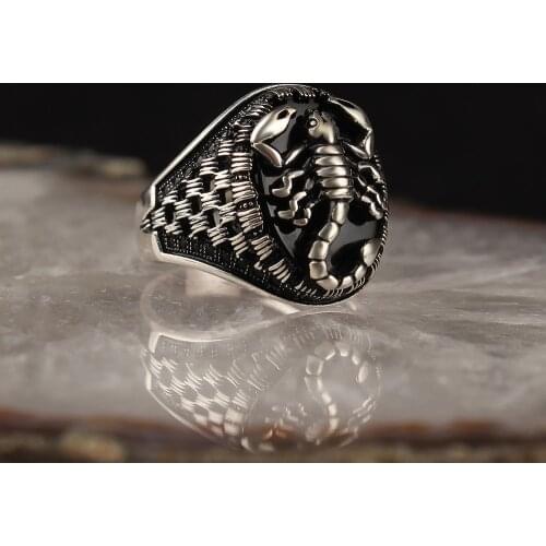 925 Sterling Silver Rings for Men Handmade Crab Motif Agate Onyx Tiger Eye Stone Vintage Gift Mens Rings All SizeTurkish Jewelry