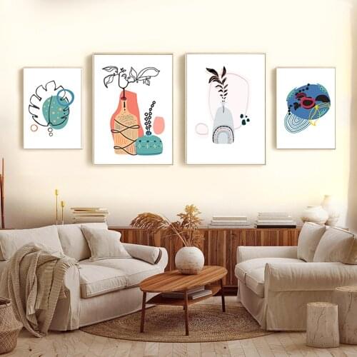 Abstract Line Minimalist Colorful Leaves and Flowers Canvas Painting Wall Art Nordic Posters And Prints For Living Room Decor