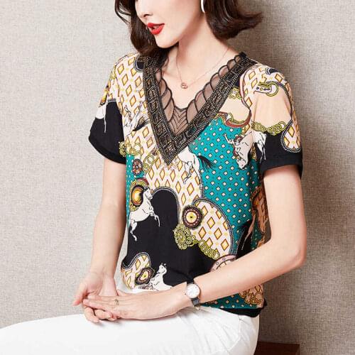 Fashion Women Shirts Temperament Elegant V-Neck Blouses Short Sleeve Print Lace Splice Stylish Summer Ladies Blusas Tops MM0863