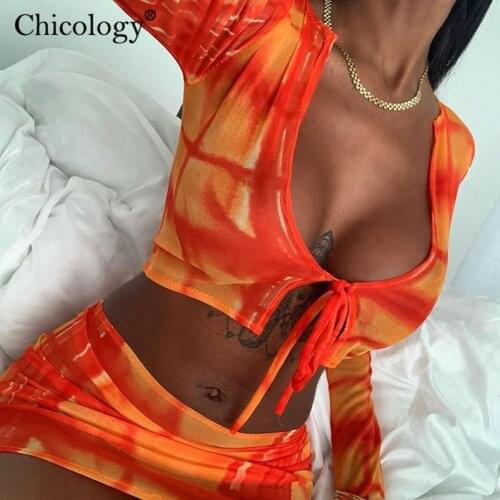 Chicology neon mesh 2 two piece set lace up crop top skirt lady outfits women 2020 summer sexy club clothes festival streetwear