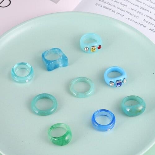 Blue Resin Ring Collection Royal blue Sky blue Baby blue Acrylic ring with Colorful Rhinestone Women Girls Travel Summer Jewelry