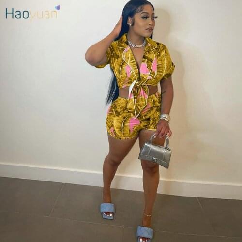 HAOYUAN Leaves Print Two Piece Set Women Short Sleeve Button Shirts Tops and Biker Shorts Sexy Vacation Outfits Matching Sets