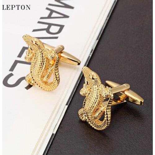 Lepton Crocodile Cufflinks for Mens Gold & Black & Silver Color Fashion Novelty Animal Cufflinks 3D Copper Alligator Cuff links