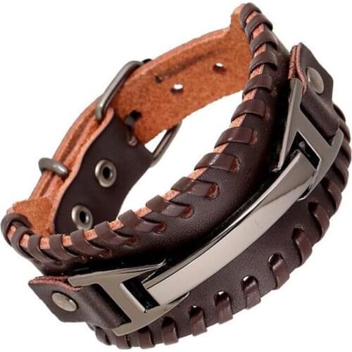 Punk Fashion Men Jewelry Gothic Weave Wide Leather Cuff Bracelet Belt Metal Black Charm Bangle Wrap Wristbands Biker Accessories