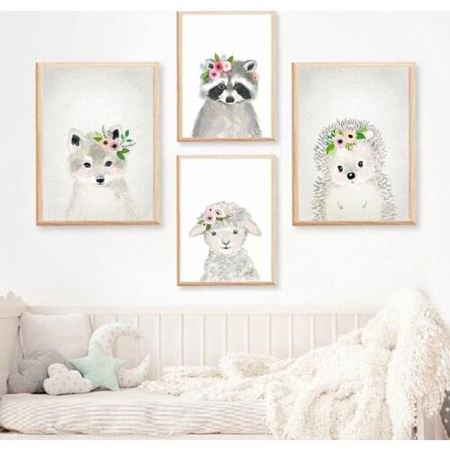 Flower Animal Wall Art Scandinavian Print Fox Sheep Hedgehog Nursery Poster Canvas Painting Nordic Baby Room Decoration