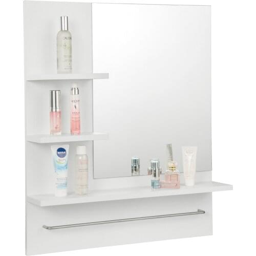 White Bathroom Mirror Wall Cabinet with 3 Shelves Space Saving Washstand Mirror Multifunctional Storage Shelf Towel Rack