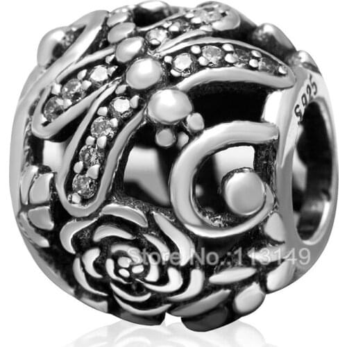White CZ Zircon Micro Pave Dragonfly Flower Authentic 925 Sterling Silver Big Hole European Charm Beads For Fine Jewelry SZPB240