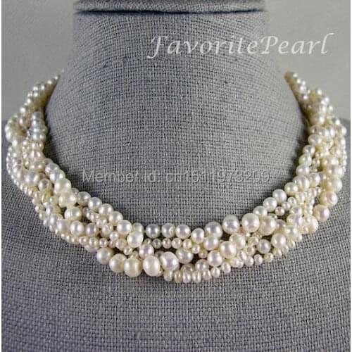 White Pearl Necklace,Wedding Bridesmaid Jewelry 18 Inches 5 Rows 3-8mm White Genuine Freshwater Pearl Necklace Free Shipping
