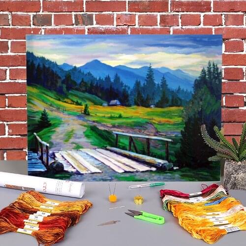 Landscape Cloudy Day Printed Fabric 11CT Cross Stitch DIY Embroidery Complete Kit DMC Threads Knitting Craft Painting Mulina