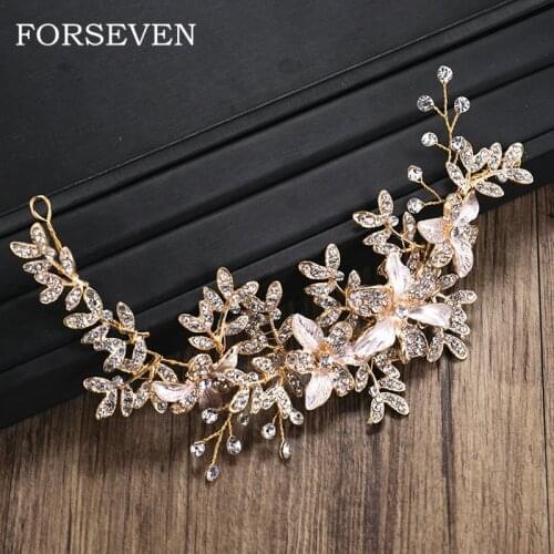 Flower Leaf Rhinestone Crystal Headband Hair Accessories Golden Bride Headbands Wedding Hair Ornaments Women Hairbands