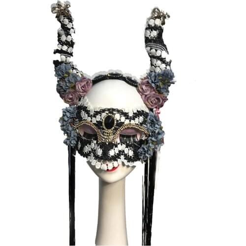 Vintage Steampunk Headband Flower Tassels Mask Headpieces Party Head Tiara Horn Halloween Lolita Headband Accessories