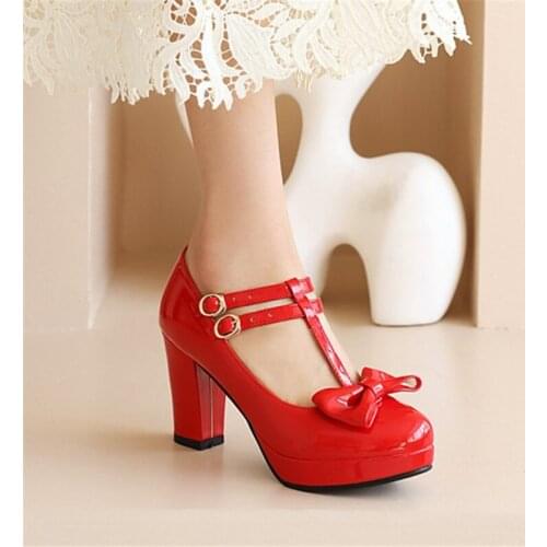 PXELENA 6 Candy Colors Butterfly-knot Patent Leather Women T Strap Lolita Shoes Plus Size 34-46 Princess Date Party Dress Pumps