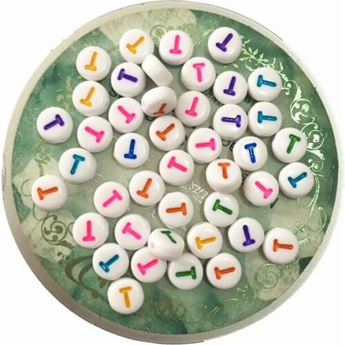 Mixed Neon Colors Single Initial T Priting Acrylic Letters Beads 100pcs 4*7MM Flat Coin Round Shape Plastic Alphabet Beads