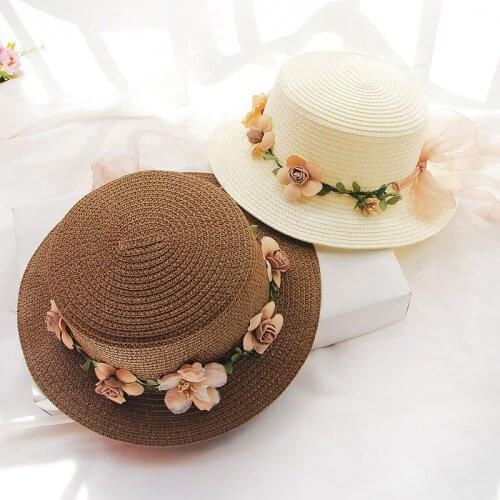 Parent Child Summer Women Sun Hat Bucket cap beige lace Bowknot Flowers Ribbon Flat top Straw Hat Beach Caps Panama