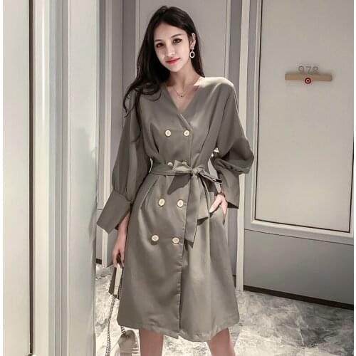 A-line Womens Dress 2019 Autumn New French Solid Colour V-neck High Waist Double-breasted Bow Slim Dress Famale Vestidos