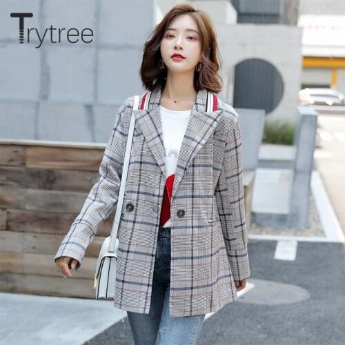 Trytree Autumn Women Coat Casual Turn-down Collar Double Breasted Pockets Belt Plaid Fashion Office Lady All-Purpose Style Coat
