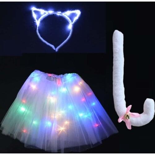 Women Girls Kids LED Glowing Light Tutu Skirts Clothing Wedding Party Ear Headband Tail Cat Costume Cosplay Christmas