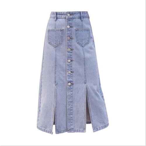 New Spring Summer Women Denim Skirts 2019 Fashion A-Line Button Mid-Calf Denim Skirts With Pockets Casual Empire Skirts Q1279