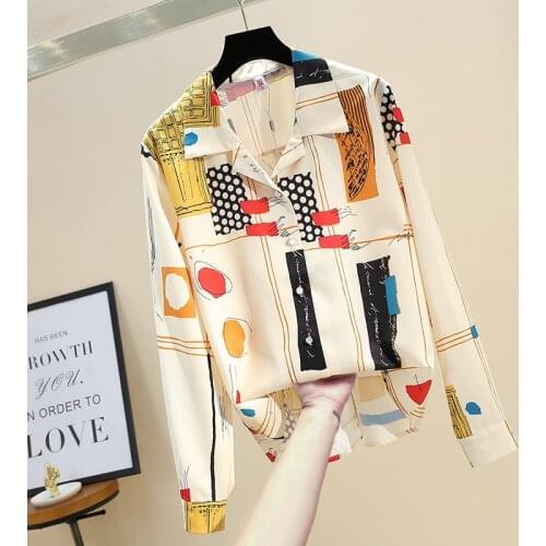 Spring Autumn Womens Printed Long-sleeved Shirt Top Korean Retro Large Size Printed Shirt Womens Tops and Blouses GD528