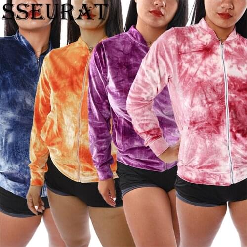 SSEURAT Women Velvet Jacket 2021 Autumn Winter Casual Tie Dye Long Sleeve Zipper Jacket Coat