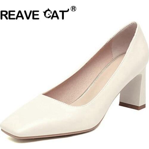 REAVE CAT New 2021 Women Pumps Square Toe 7cm Block Heels Slip-On Exotic Elegant Big Size 48 Casual Office Beige Apricot A3791
