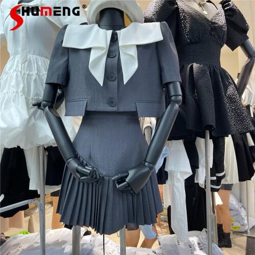 2021 Summer Sailor Collar Fashion Short Top High Waist Pleated Skirt Suit Skirt Suit
