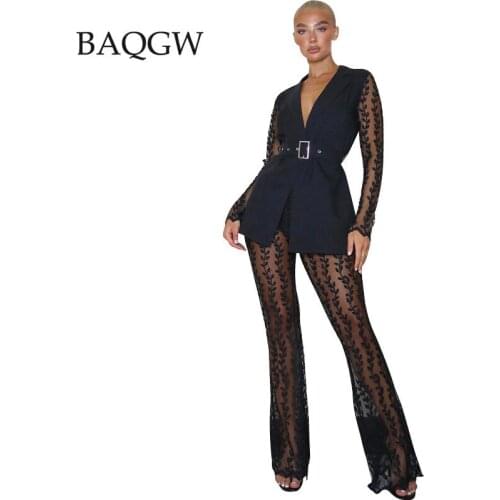 Mesh Floral Lace See Through Office Lady Two Piece Set Autum Long Sleeve Jacket Wide Leg Pants Matching Sets Overalls with Belt