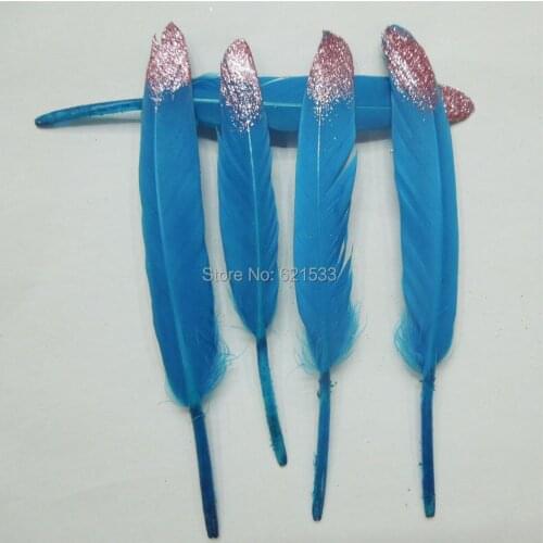 Gold Glitter Dipped Natural Turquoise Duck Feathers, WHOLESALE Sparkling Sky Blue Dipped Feathers,100pieces