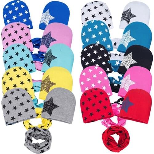 3PC Toddler Baby beanie cap with scarf Autumn Winter Hat Cap Stars Prints Hats Kids Scarf Collars Sets комплект детский шапка
