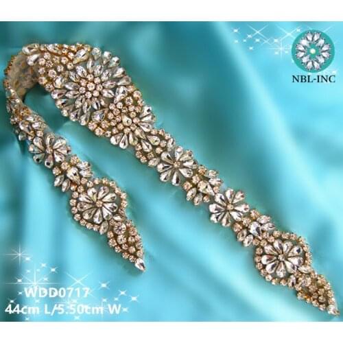30PCS) Wholesale handmade beaded sewing bridal gold crystal rhinestone appliques iron on for wedding dresses sash WDD0717