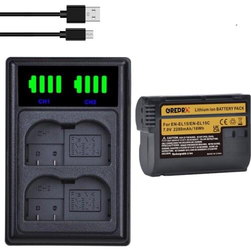 2280mAh EN-EL15C EN EL15C EL15 Battery + LED Dual Charger for Nikon Z5, Z6, Z6 II, Z7, Z7II, D780, D850, D7500, D500, D600