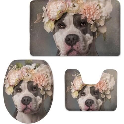 Portrait of Dog with Flowers 3pcs/set Printed Washroom Toilet Seat Cover Decorations Non-slip Mats Carpets Bathroom Accessorries
