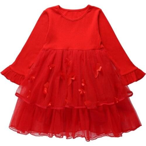 DFXD Children Clothes 2018 New Fashion Autumn Soild Color Flare Sleeve Knitted Spliced Princess Dress Teen Girl Lace Dress 3-12Y
