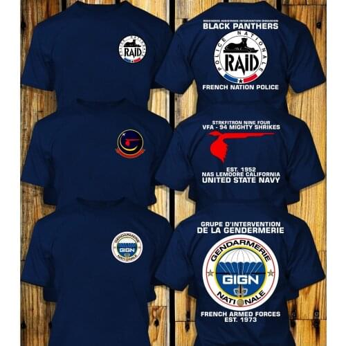 New Fashion VFA94 Mighty Shrikes GIGN Elite RAID French Police Special Navy T-Shirt Men Cotton Short Sleeve Tees Shirt Harajuku