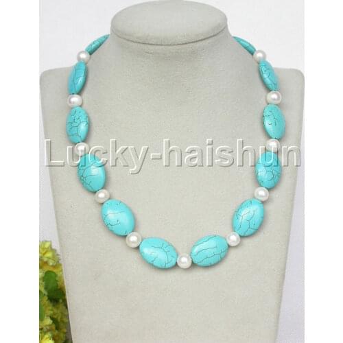 JQHS Genuine 18" 10mm round white freshwater pearls blue turquoise necklace j13237