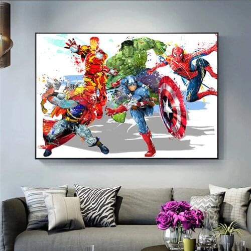Marvel Canvas Painting Watercolor Superhero Hulk Iron Man Captain America Spiderman Wall Art Posters and Prints Kids Room Decor