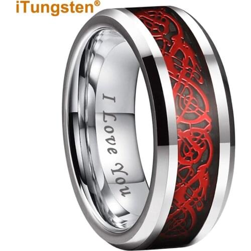 8MM Classic Men Ring Tungsten Carbide Ring With Black Carbon Fiber Red Dragon Inlay Comfort Fit