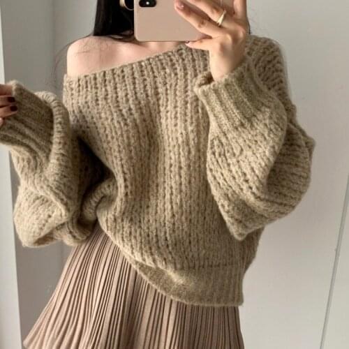 Korea Autumn and Winter New Retro Western Style Lazy Loose Loose Heavy-Duty One-Shoulder Hedging Thick Thread Knitted Sweater
