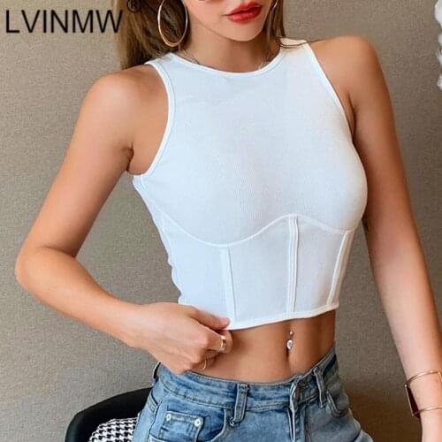 LVINMW Sexy Round Neck Sleeveless White Crop Top Woman Vest Slim Skinny Solid Patchwork Pure Basic Daily Simple Tank Tops Street