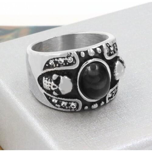 New Fashion Retro Jewelry Stainless Steel With Imitation Gemstone Rings For Men Natural Stone Big Size Mens Skull Rings Anel