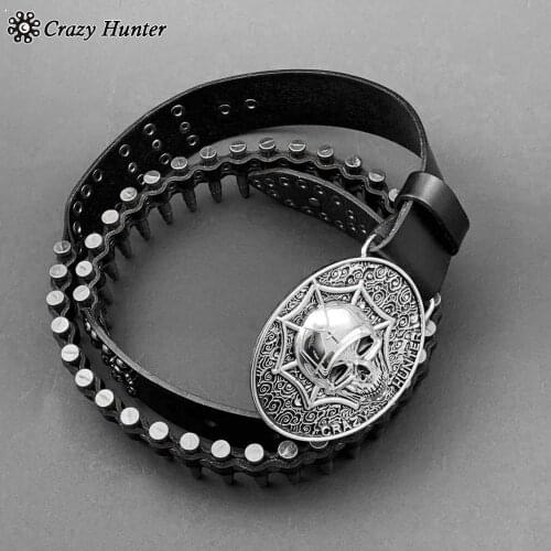Bullet Belt Mens Cow Leather Belts Waistband with Skull Buckle