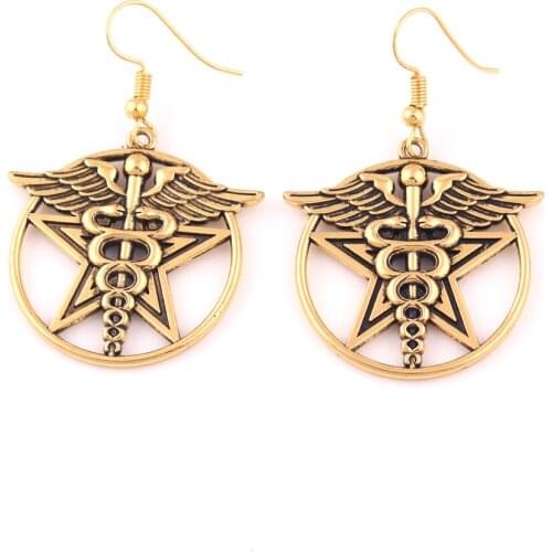New Design Vintage Winged Staff With Snakes Caduceus Pentagram Pendant Medical Symbol Healers Womens Earrings