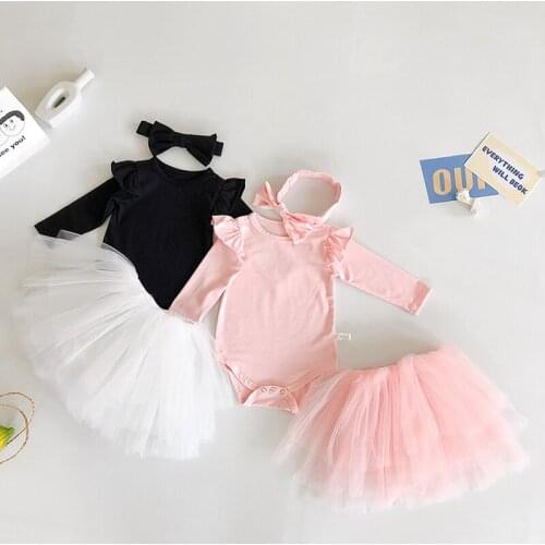 New Autumn Kids Girl Suit Clothes Infant Baby Girls Long Sleeve Pure Color Rompers + Tulle Skirt + Hair Band Clothing Sets