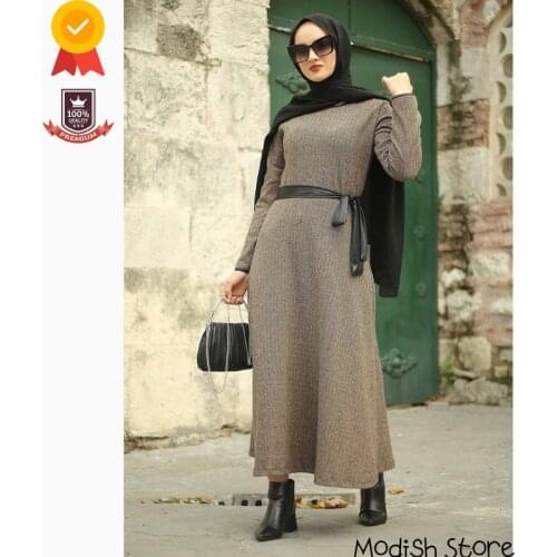 |New Season| Leather Belted Sport Dress For Women Turkish Veiled Clothes European Clothing Modest Dress Kaftan Muslim Fashion