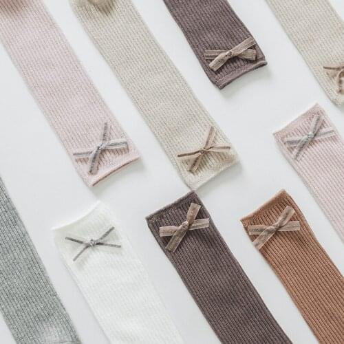 Autumn Infant Girls Socks Breathable Heelless Knee High Socks Children Ribbon Bow Solid Cotton Stretch with Bowknot For 1-8Y