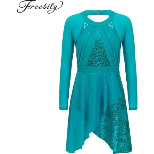 Sequins Ballet Dance Leotard Dress Girls Long Sleeve Irregular Cut Tulle Dress Figure Skating Dress Kids Lyrical Dance Costumes
