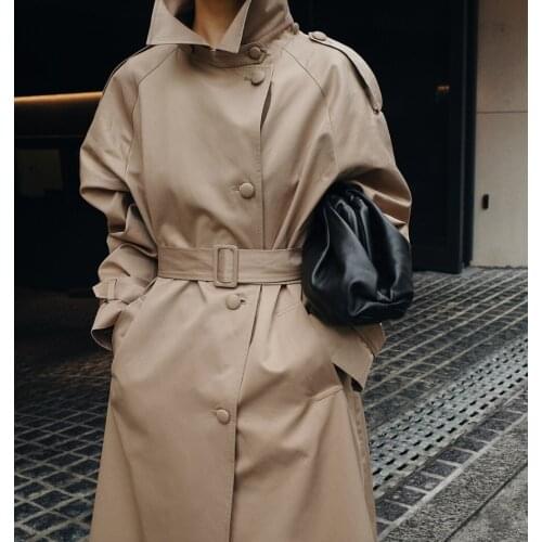 High-density heavy bag buckle polo collar epaulette mid-length windbreaker jacket female Korean version 21 new