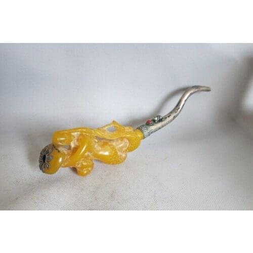 Rare old Qing Dynasty Silver&Amber pipe,1840,with mark,yellow Mermaid,free shipping