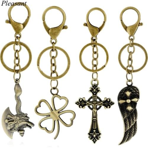 Retro Four-leaf Clover Cross Wings Keychain Alloy Cowhide Couple Car Key Pendant Key Chain Personalized Bag Key Ring