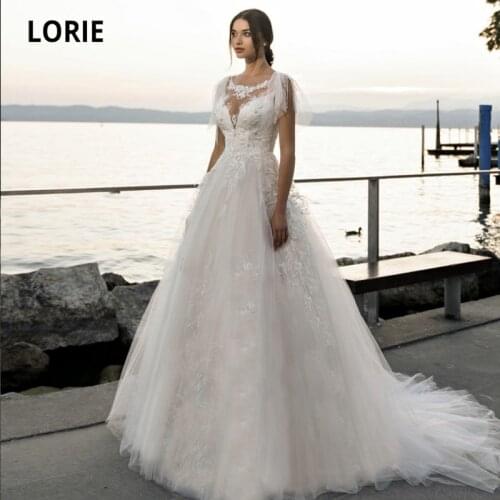 LORIE Luxury Wedding Dresses O-Neck Appliques Lace Cap Sleeves Ivory White Tulle Princess Bride Gown 2021 vestidos de novia